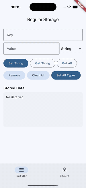 The example app writing every supported type on the Regular tab, then reading them all back.